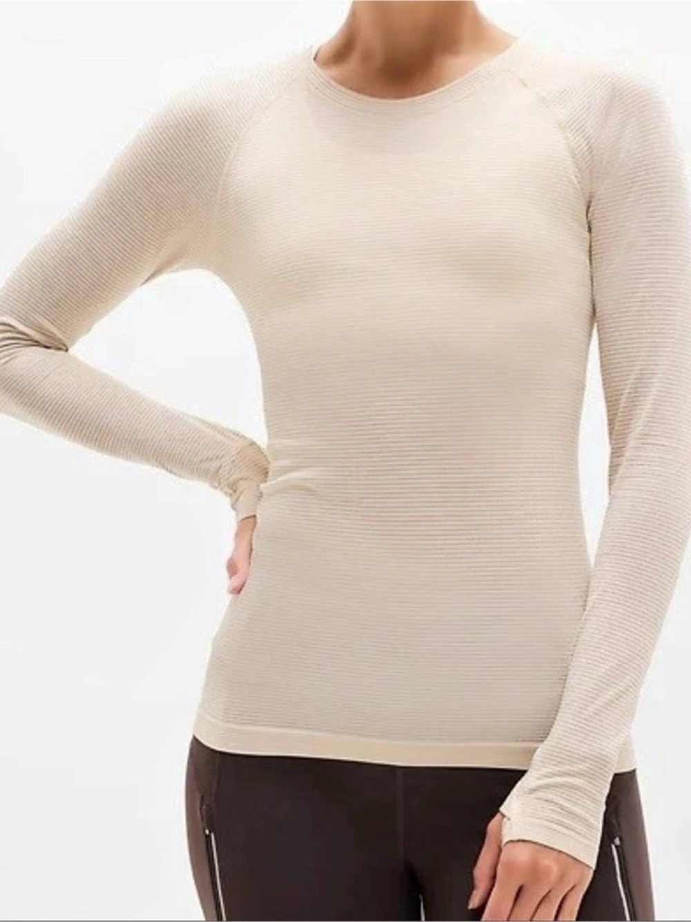Athleta Momentum Seamless Long Sleeve Top Beige Gold Shimmer Stripes Small